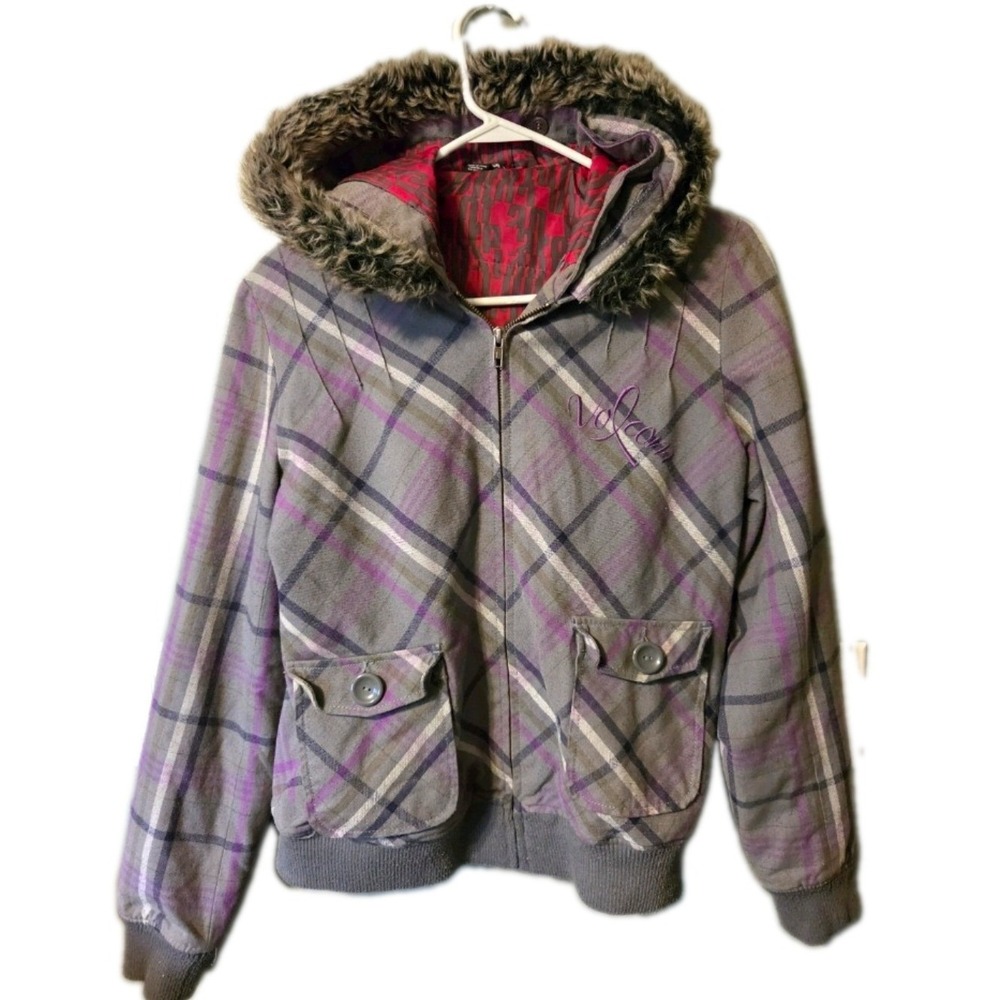 Vintage Volcom Plaid Faux Fur Hooded Bomber Jacket Grey Purple L